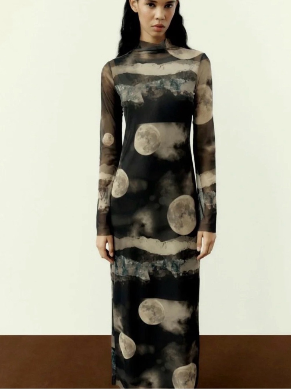 Zara Long Sleeve Moon-Print Maxi Dress in Black Sz M